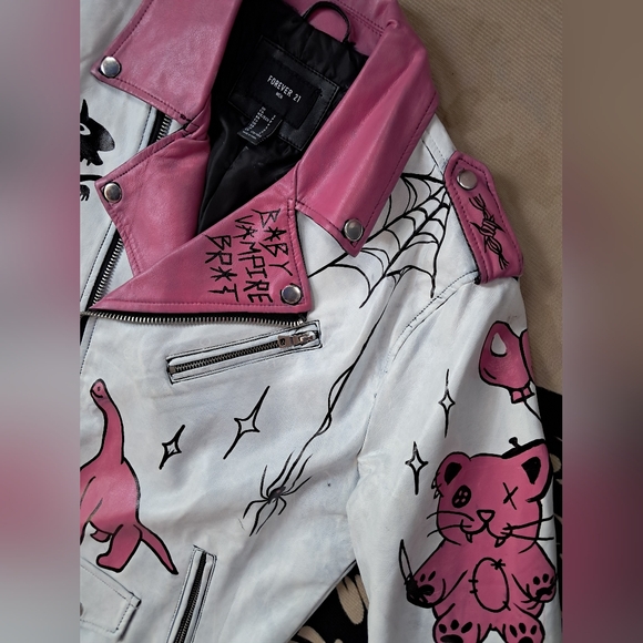 SOLD @MARKET Fun kawaii goth custom hand painted OOAK faux leather jacket - Picture 7 of 15